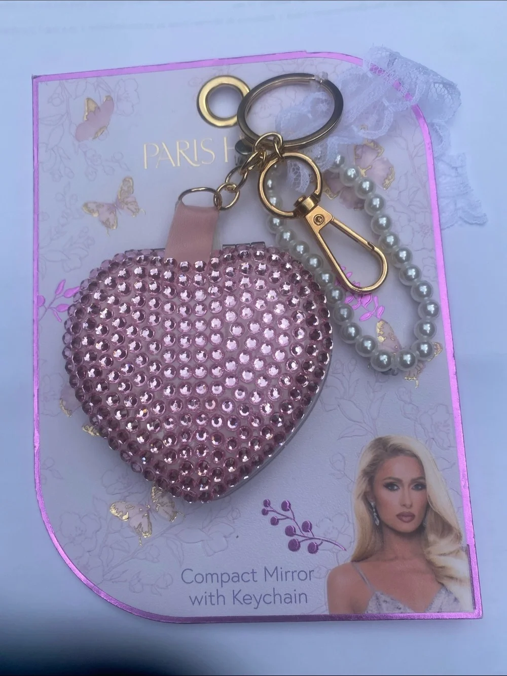Paris Hilton Pink Crystal Heart Compact Mirror Keychain with Pearl Strap